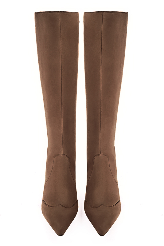 Chocolate brown women's feminine knee-high boots. Pointed toe. Medium block heels. Made to measure. Top view - Florence KOOIJMAN